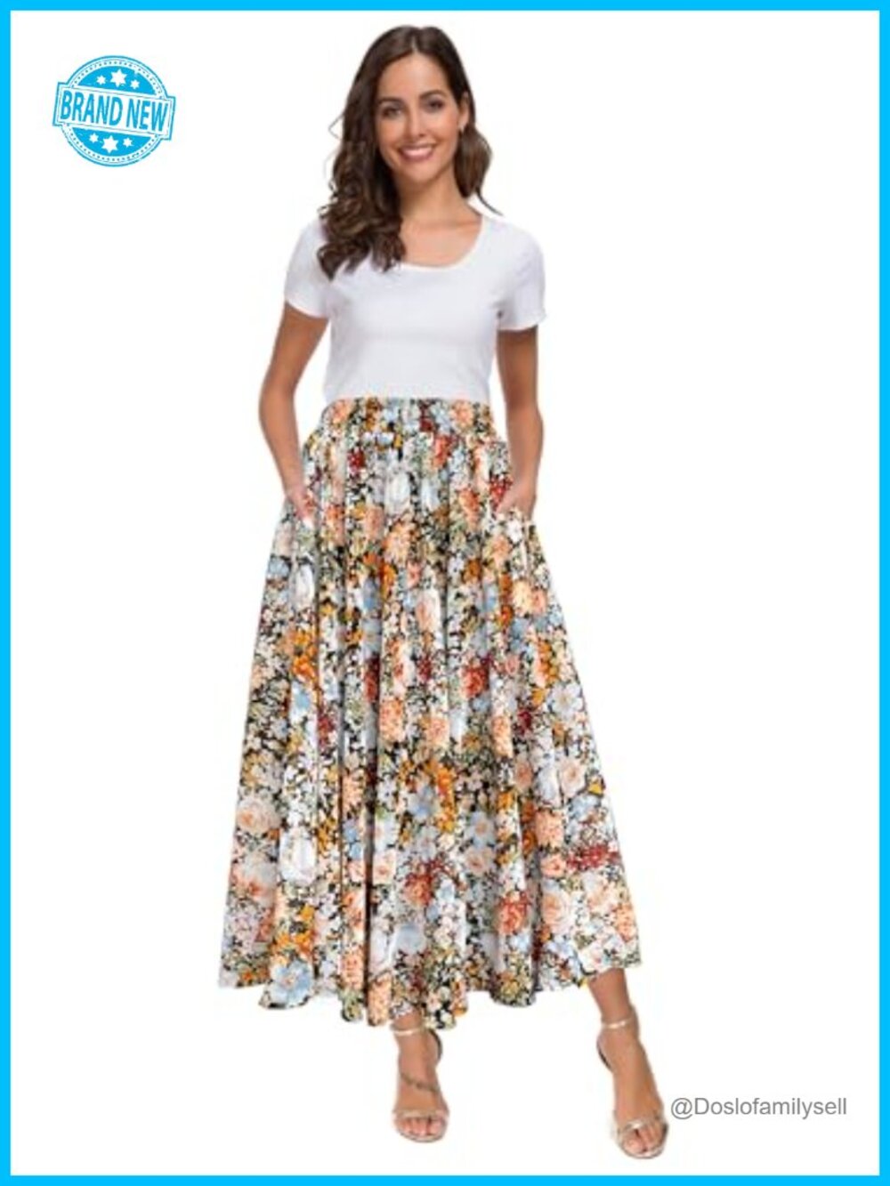 Afibi High Waist Floral Print Chiffon Swing Midi Skirt with Pockets
